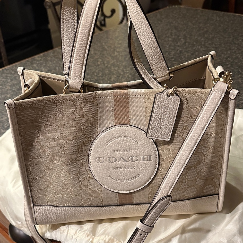 Coach Dempsey Beige Signature Canvas Tote with Leather Trim